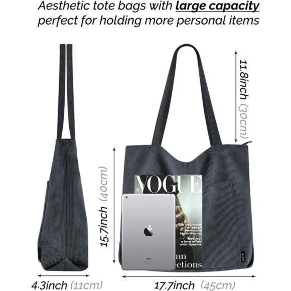 Corduroy Tote Bag for Women Large Shoulder Bag with Zipper and Pockets - Picture 3 of 6